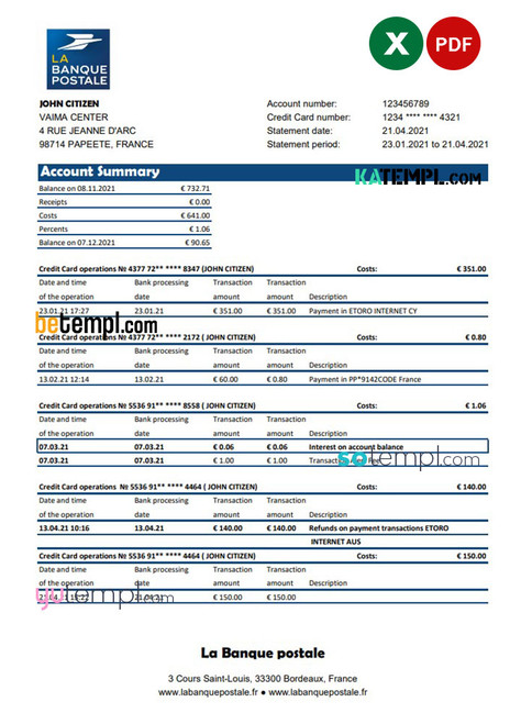 France La Banque Postale bank statement easy to fill template in .xls and .pdf file format