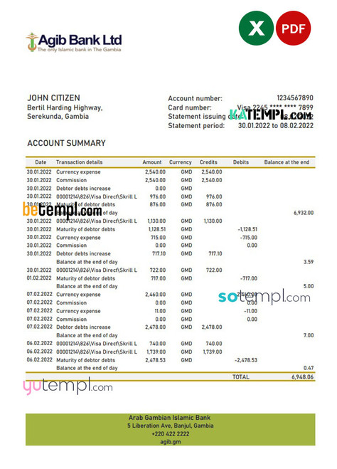 Gambia Arab Gambian Islamic bank statement Excel and PDF template