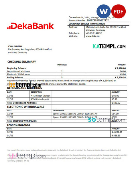 Germany Dekabank bank statement Excel and PDF template