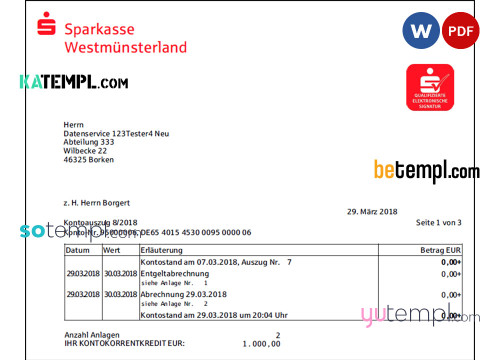 Germany Sparkasse Westmunsterland proof of address bank statement template in Word and PDF format