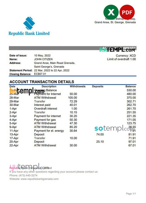 Grenada Republic bank statement Excel and PDF template
