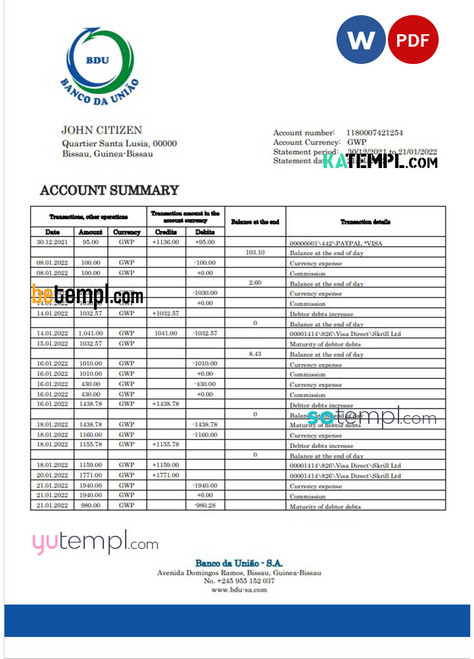 Guinea-Bissau Banco da Uniao proof of address bank statement template in Word and PDF format