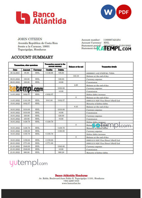 Honduras Banco Atlantida Bank statement template in Word and PDF format
