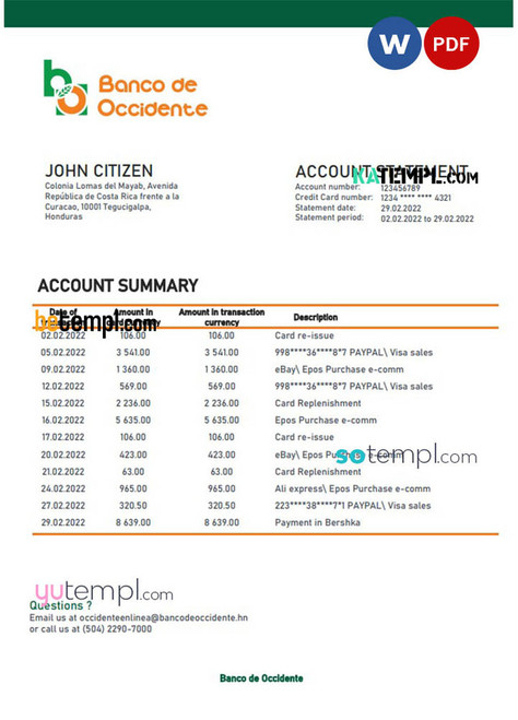 Honduras Banco de Occidente Bank statement template in Word and PDF format