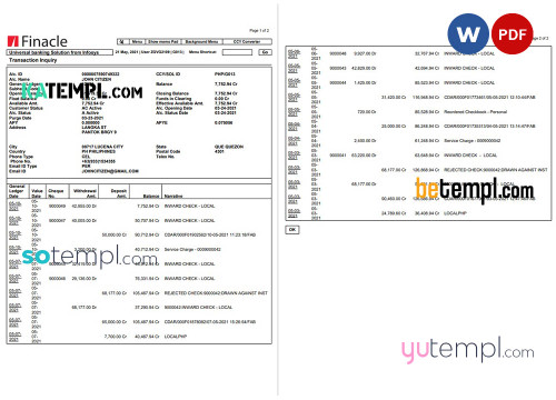India Finacle bank statement in Word and PDF format (2 pages)