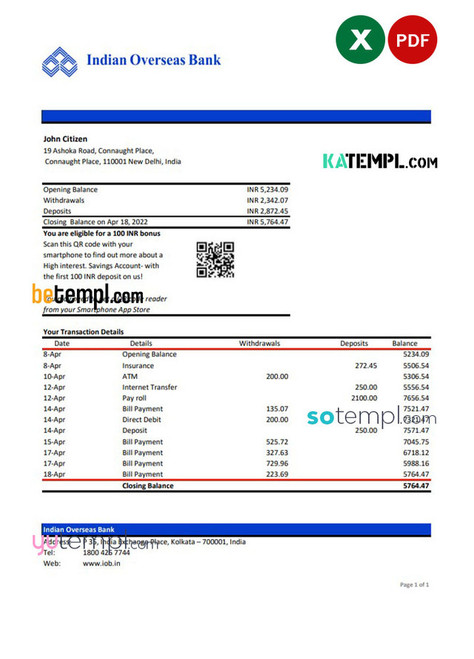 India Indian Overseas Bank statement Excel and PDF template