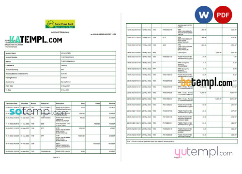 India KVB bank statement, Word and PDF template, 2 pages