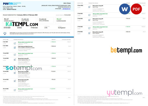India Paytm Payments bank statement Word and PDF template, 2 pages