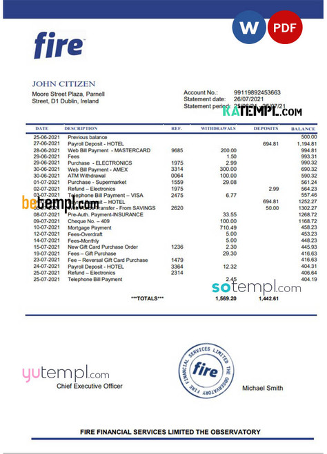 Ireland Fire Financial Services Limited account statement template in Word and PDF format