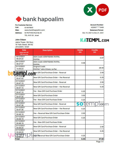 Israel Bank Hapoalim bank statement easy to fill template in .xls and .pdf file format