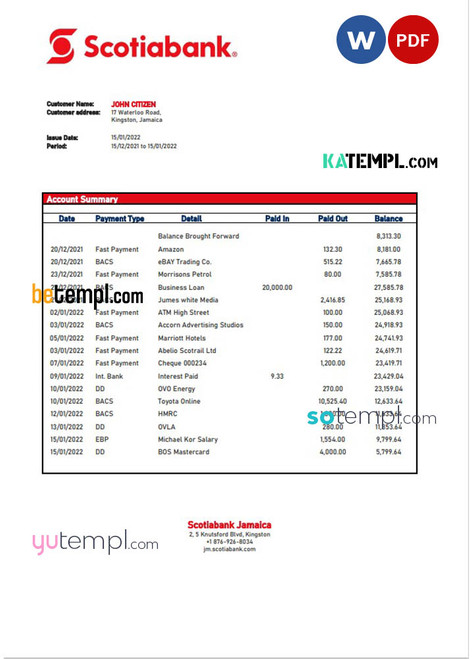 Jamaica Scotiabank bank statement template in Word and PDF format