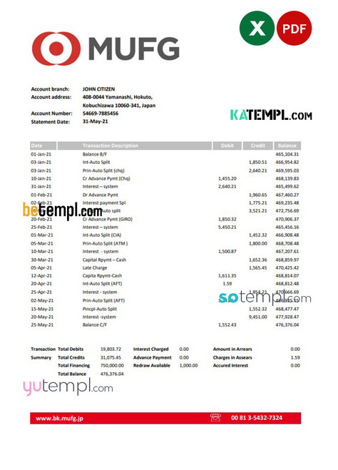 Japan MUFG bank statement template in Excel and PDF format