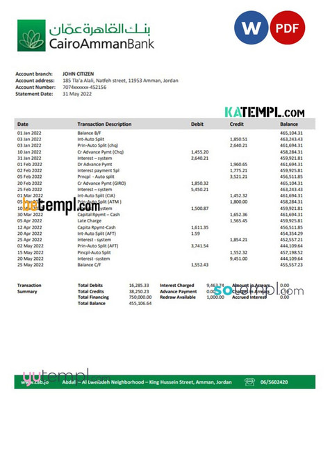 Jordan Cairo Amman Bank statement template in Word and PDF format