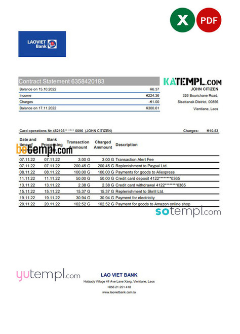 Laos Lao Viet bank statement Excel and PDF template