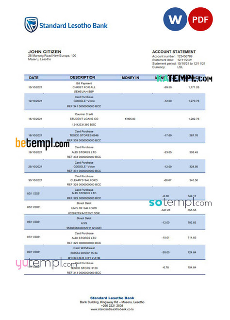Lesotho Standard Lesotho Bank statement template in Word and PDF format