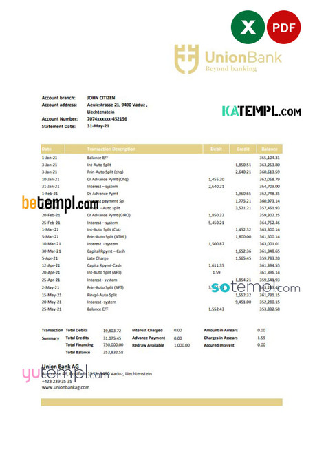 Liechtenstein Union Bank AG bank statement easy to fill template in Excel and PDF format