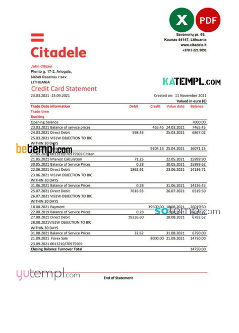 Lithuania (Litva) Citadele bank credit card statement template in Excel and PDF format