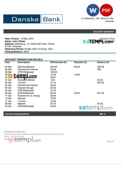 Lithuania (Litva) Danske bank  statement template in Word and PDF format