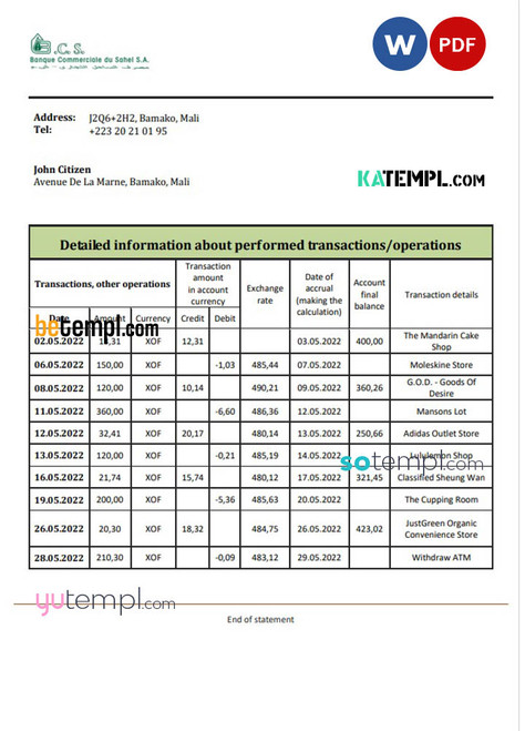 Mali Banque Commerciale du Sahel bank statement template in Word and PDF format, .doc and .pdf format