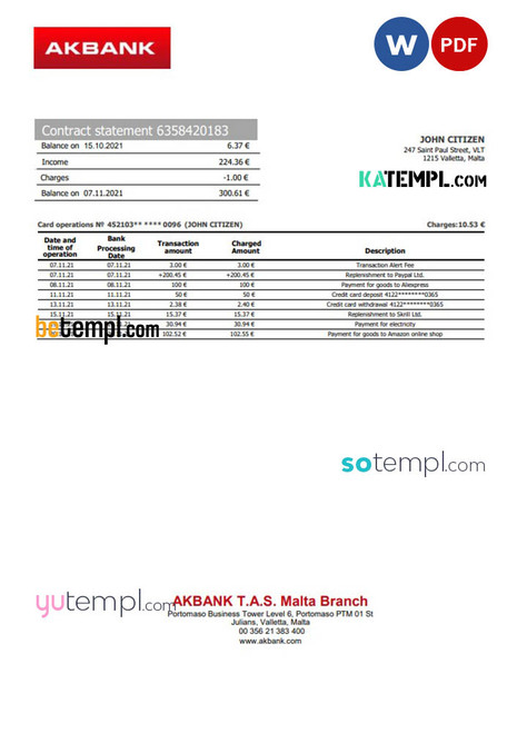 Malta Akbank bank statement template in Word and PDF format