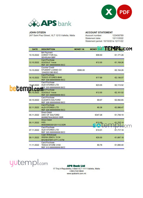 Malta APS bank statement Excel and PDF template