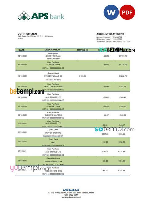 Malta APS bank statement template in Word and PDF format