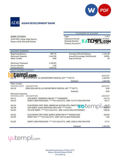 Marshall Islands ADB bank statement template in Word and PDF format