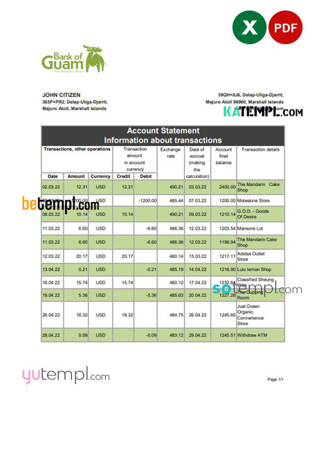 Marshall Islands Bank of Guam bank statement Excel and PDF template Marshall Islands Bank of Guam bank statement Excel and PDF template