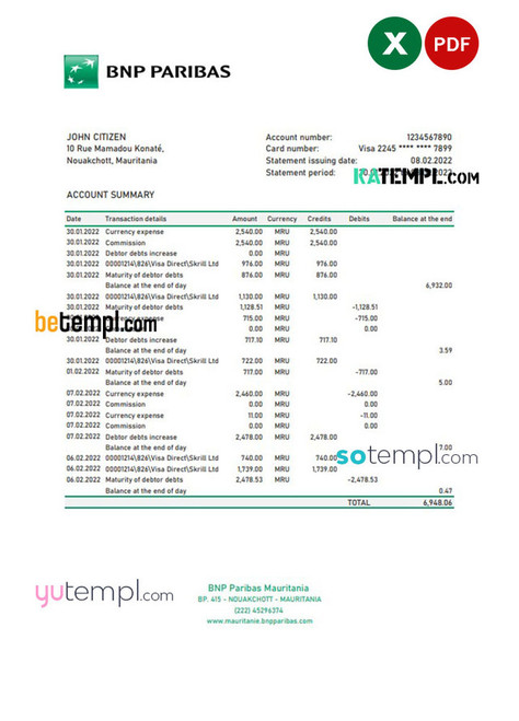 Mauritania BNP Paribas bank statement Excel and PDF template