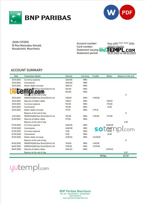 Mauritania BNP Paribas bank statement template in Word and PDF format