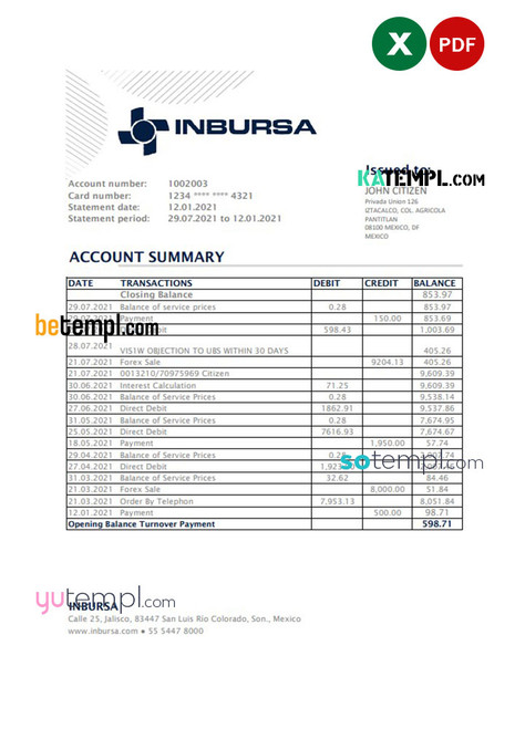 Mexico Inbursa Bank statement easy to fill template in Excel and PDF format