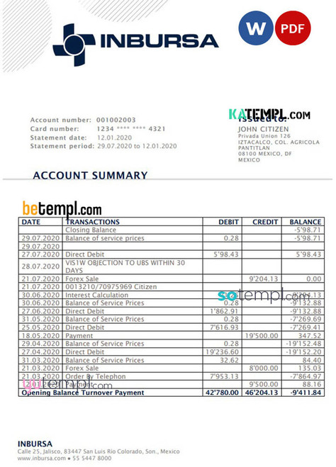 Mexico Inbursa Bank statement easy to fill template in Word and PDF format