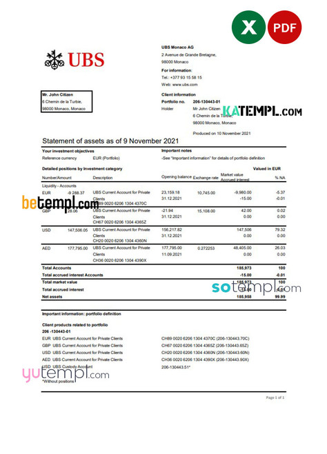 Monaco UBS Bank statement easy to fill template in Excel and PDF file format
