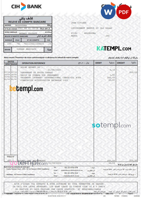 Morocco CIH Bank statement easy to fill template in Excel and PDF format