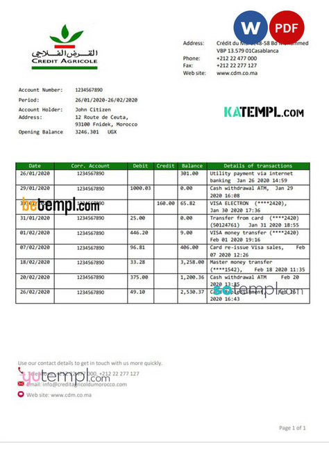 Morocco Credit Agricole bank statement template in Word and PDF format, good for address prove