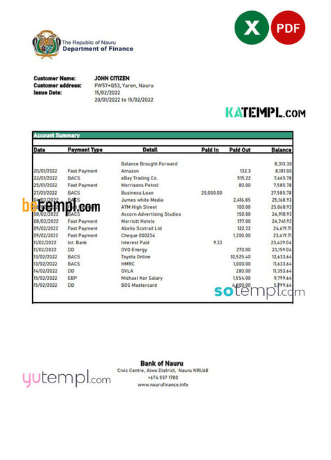 Nauru Bank of Nauru bank statement Excel and PDF template