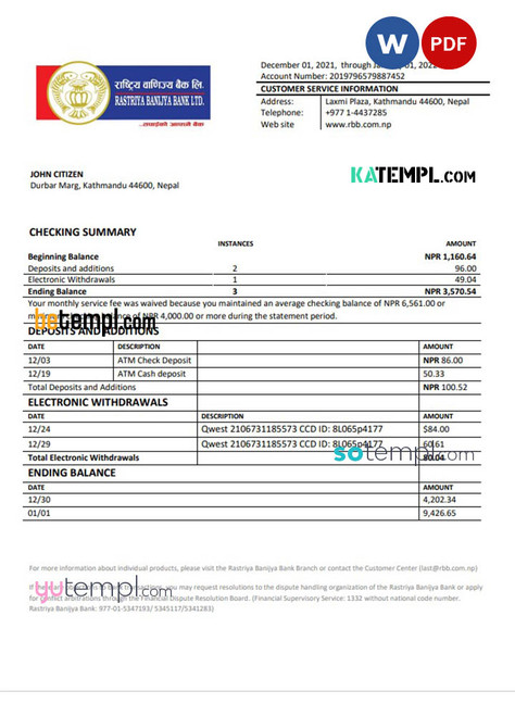 Nepal Rastriya Banijya Bank bank statement template in Word and PDF format