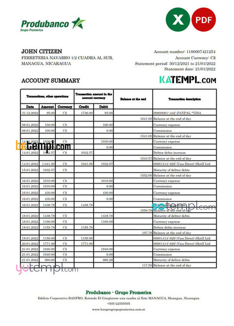 Nicaragua Banco de la Producción bank statement Excel and PDF template
