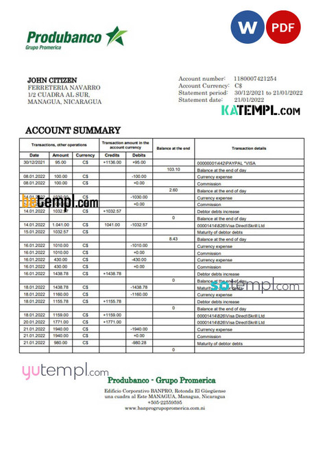 Nicaragua Banco de la Producción bank statement template in Word and PDF format