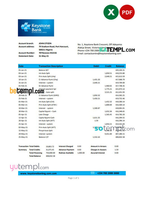 Nigeria Keystone Bank statement easy to fill template in .xls and .pdf file format