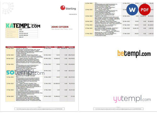 Nigeria Sterling bank statement Word and PDF template, 2 pages