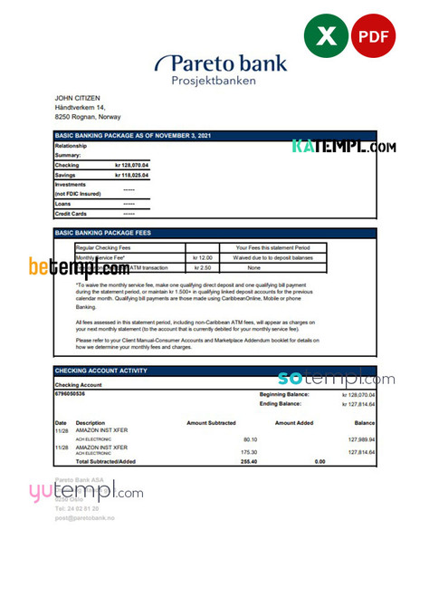 Norway Pareto bank statement easy to fill template in Excel and PDF format