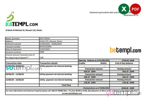 Oman Bank Dhofar bank statement Excel and PDF template Oman Bank Dhofar bank statement Excel and PDF template