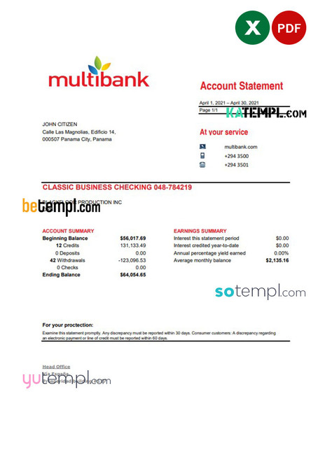 Panama Multibank bank statement easy to fill template in .xls and .pdf file format