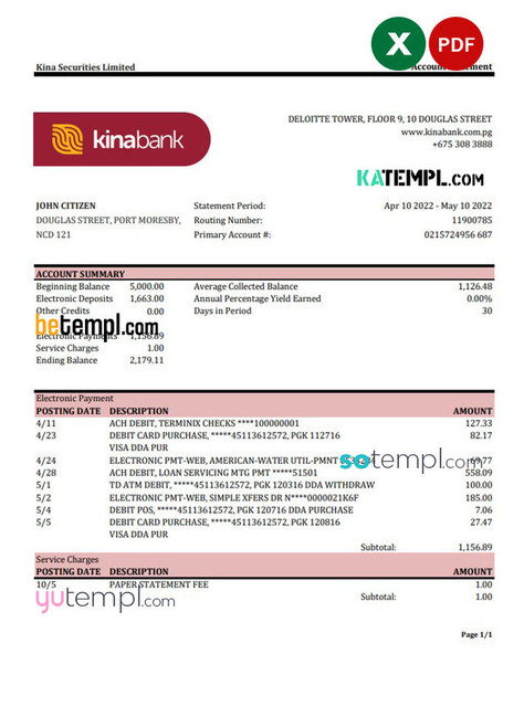 Papua New Guinea Kina Securities Limites bank statement Excel and PDF template