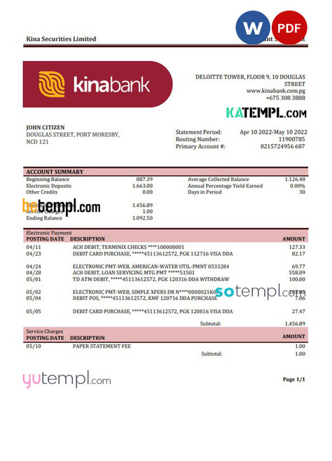 Papua New Guinea Kina Securities Limites bank statement template in Word and PDF format