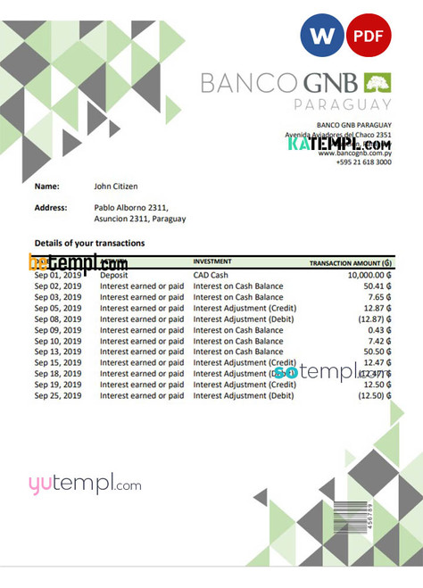 Paraguay Banco Continental S.A.E.C.A. bank statement template in Word and PDF format, good for address prove