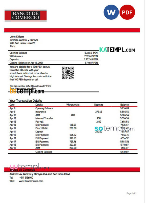Peru Banco de Comercio bank statement template in Word and PDF format
