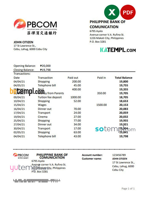 Philippines Bank of Communications bank statement easy to fill template in .xls and .pdf file format