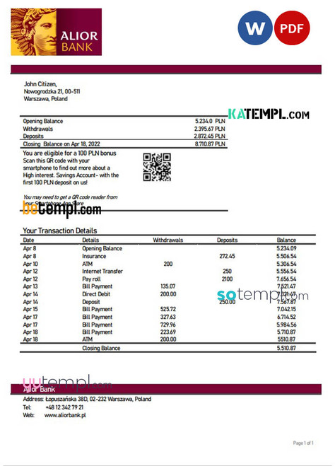 Poland Alior bank statement template in Word and PDF format